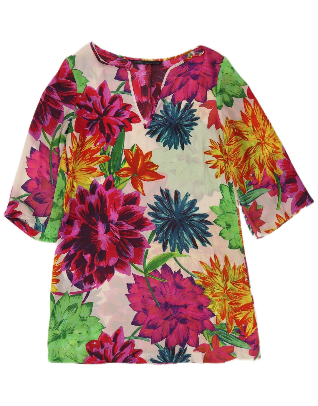 Zara Dame Se Through Tunika Top UK 10 Small Multicolored Floral
