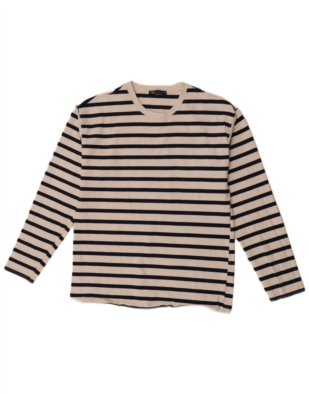 Zara Dame Top Langærmet UK 12 Medium Hvid Stribet