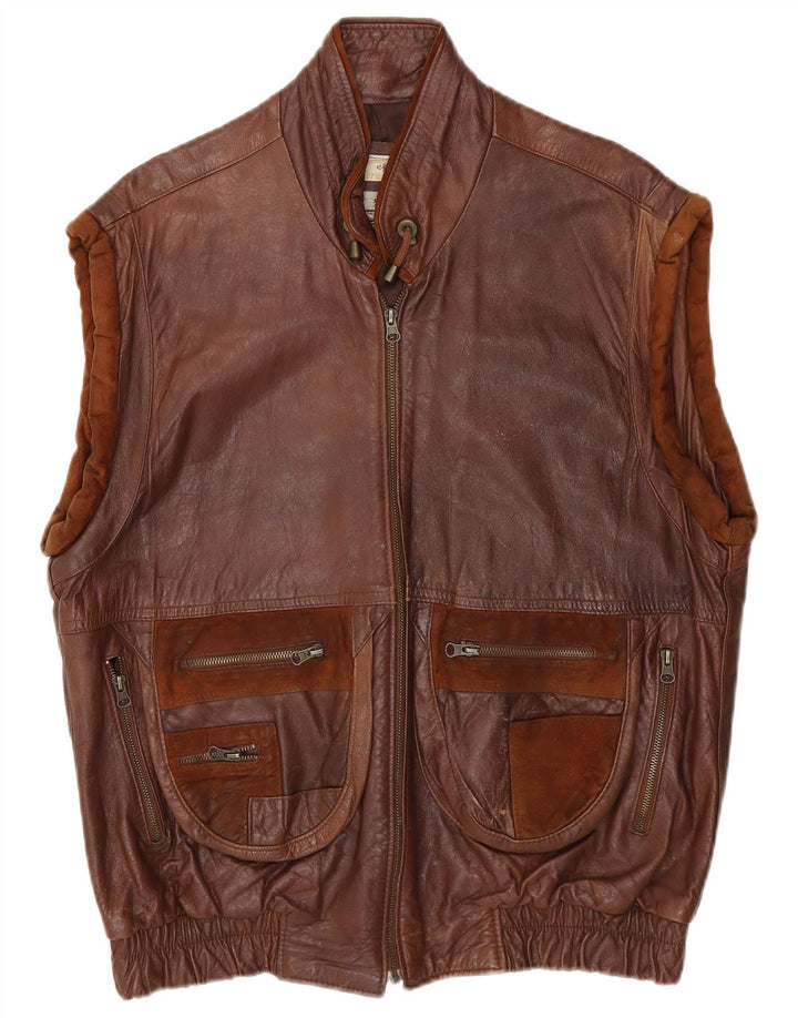 Vintage Herre Læder Gilet UK 40 Stor Brun Læder