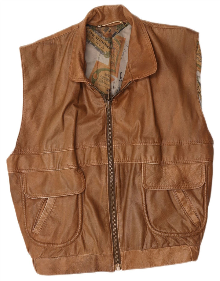 Vintage Herre Læder Gilet UK 40 Stor Brun