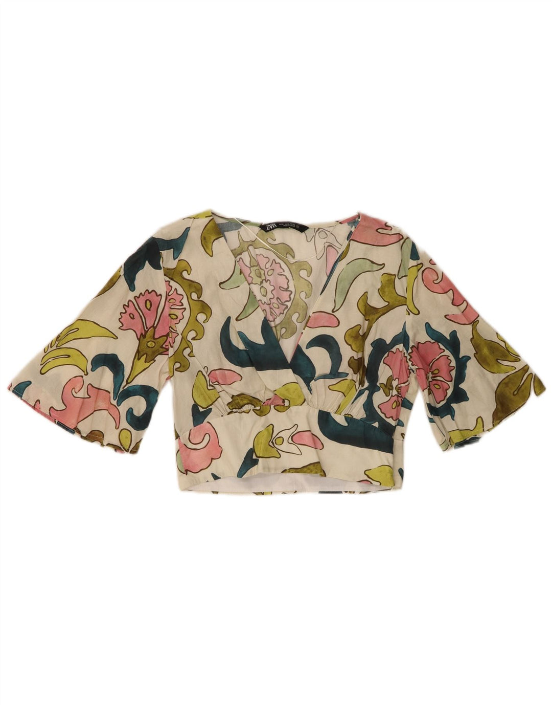 Zara Womens 1/2 ærmet Crop Top UK 10 Small Multicolored Floral