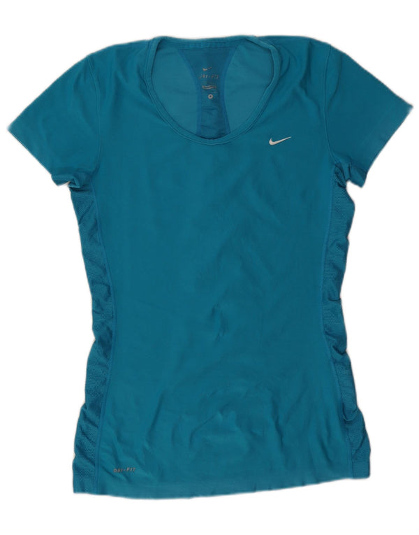Nike Dame Dri Fit T-Shirt Top UK 10 Small Blue Polyester