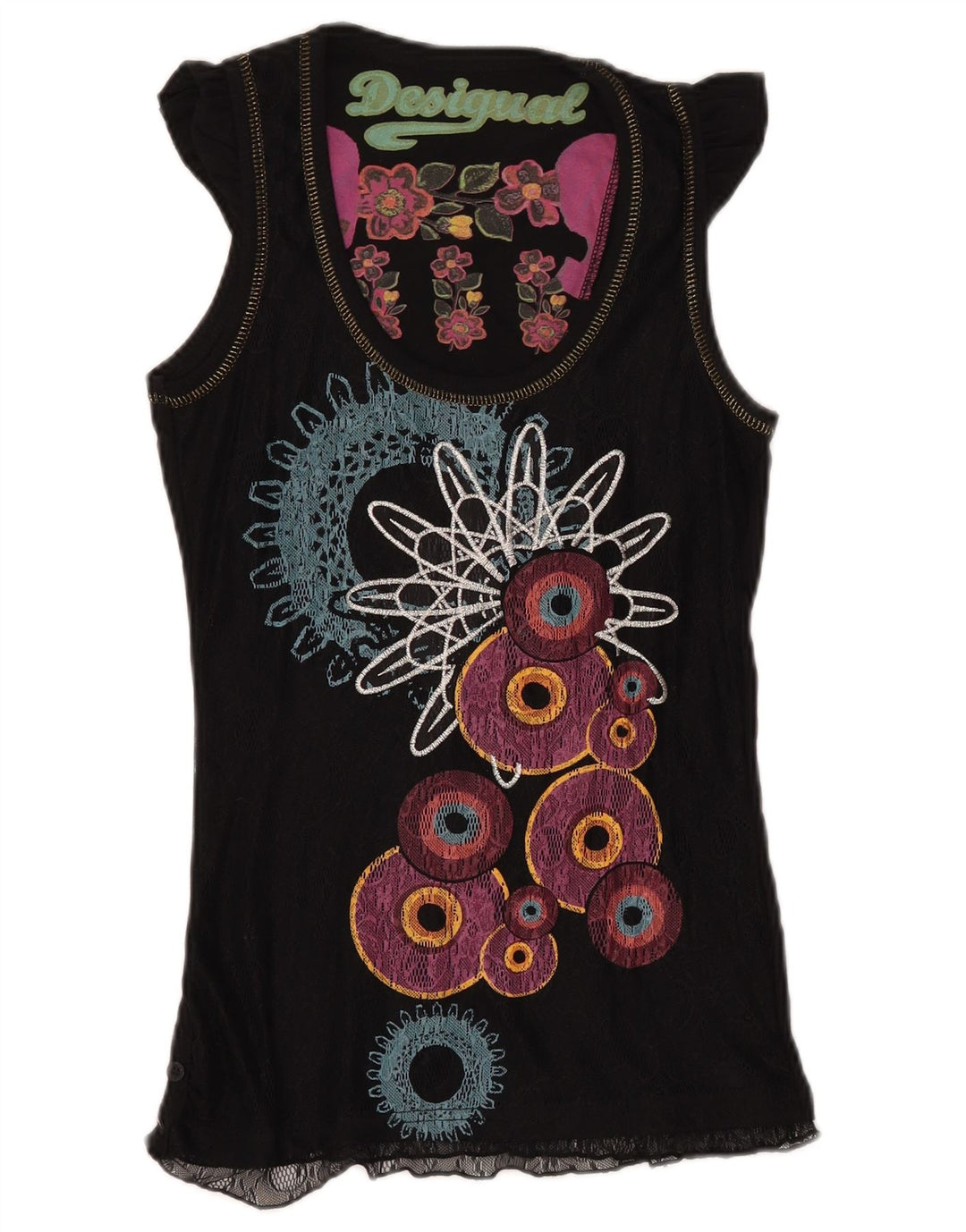 DESIGUAL Kvinder grafisk bluse Top UK 8 Lille sort geometrisk polyamid