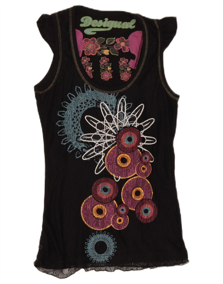 DESIGUAL Kvinder grafisk bluse Top UK 8 Lille sort geometrisk polyamid