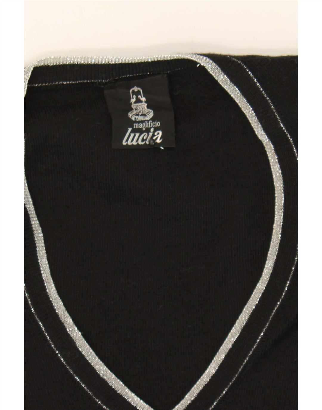 Lucia Dame V-hals sweater UK 10 Lille sort stribet uld