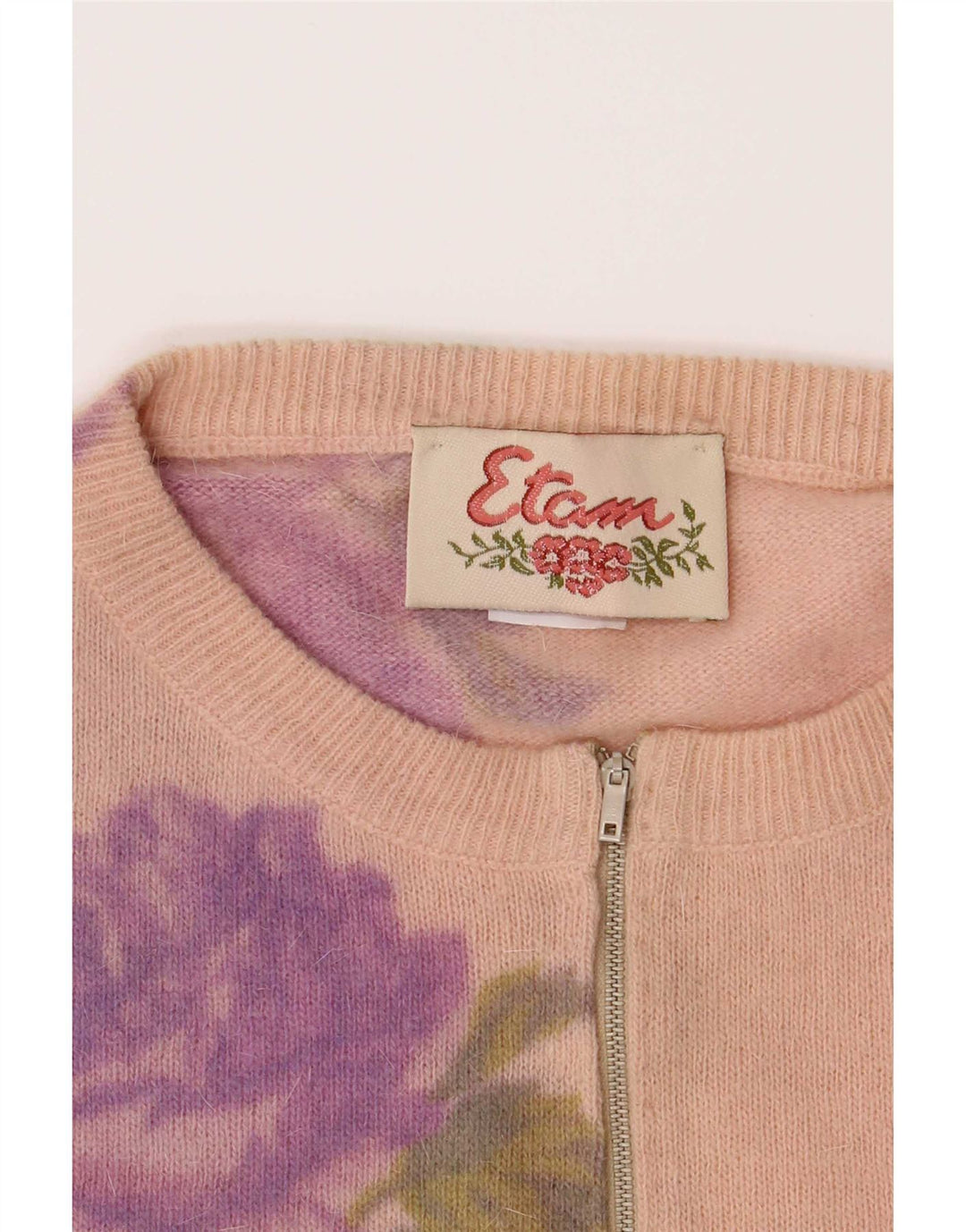 Etam Womens Zip Neck Jumper Sweater UK 14 Medium Pink Floral Wool
