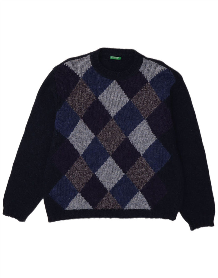 Benetton Herre Crew Neck Jumper Sweater Large Navy Blue Argyle/Diamond