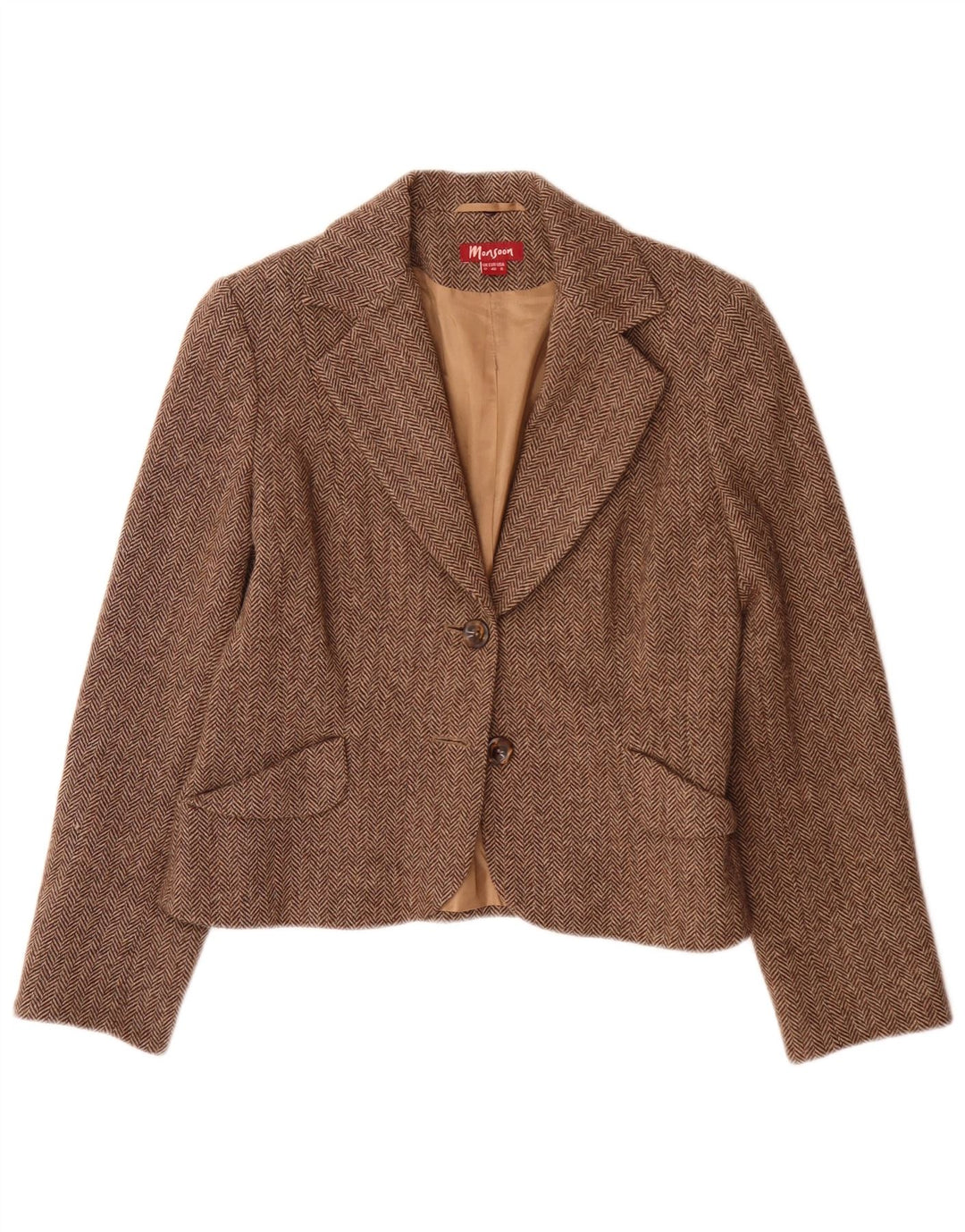 Monsoon Dame 2 Button Blazer Jacket UK 12 Medium Brun Sildebensuld