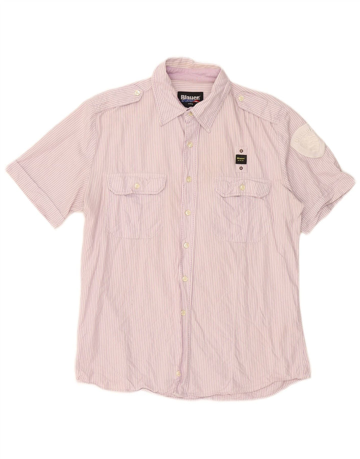 Blauer kortærmet militærskjorte til mænd XL lilla nålestribet bomuld