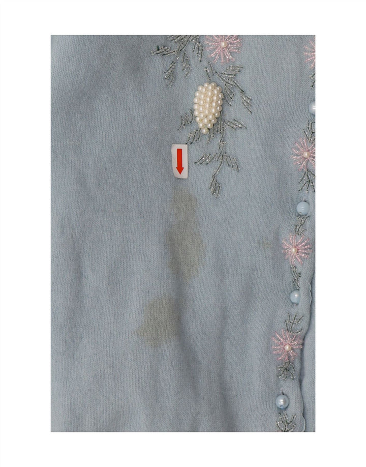 VINTAGE Womens Cardigan Sweater IT 42 Medium Blue Floral Lambswool Vintage Vintage and Second-Hand Vintage from Messina Hembry 