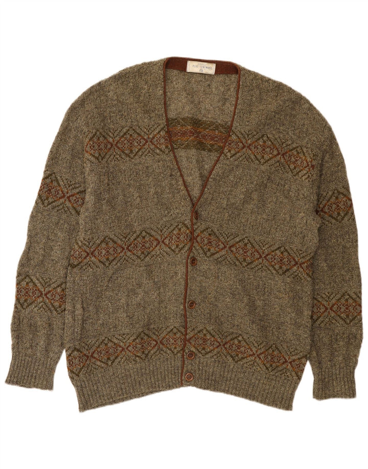 St Michael Herre Cardigan Sweater XL Khaki Geometrisk Uld