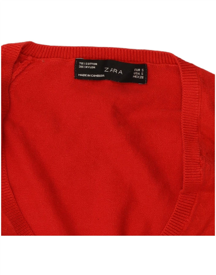 ZARA Dame V-hals sweater UK 10 Lille rød bomuld