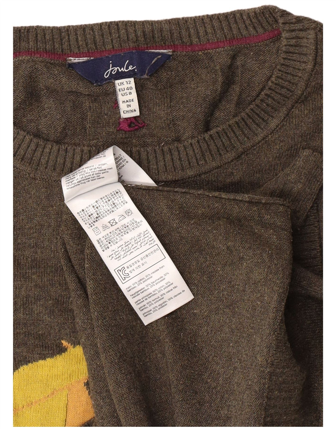 Joules Dame Grafisk Crew Neck Jumper Sweater UK 12 Medium Khaki tegneserie