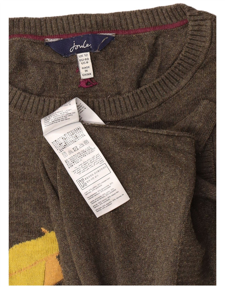 Joules Dame Grafisk Crew Neck Jumper Sweater UK 12 Medium Khaki tegneserie