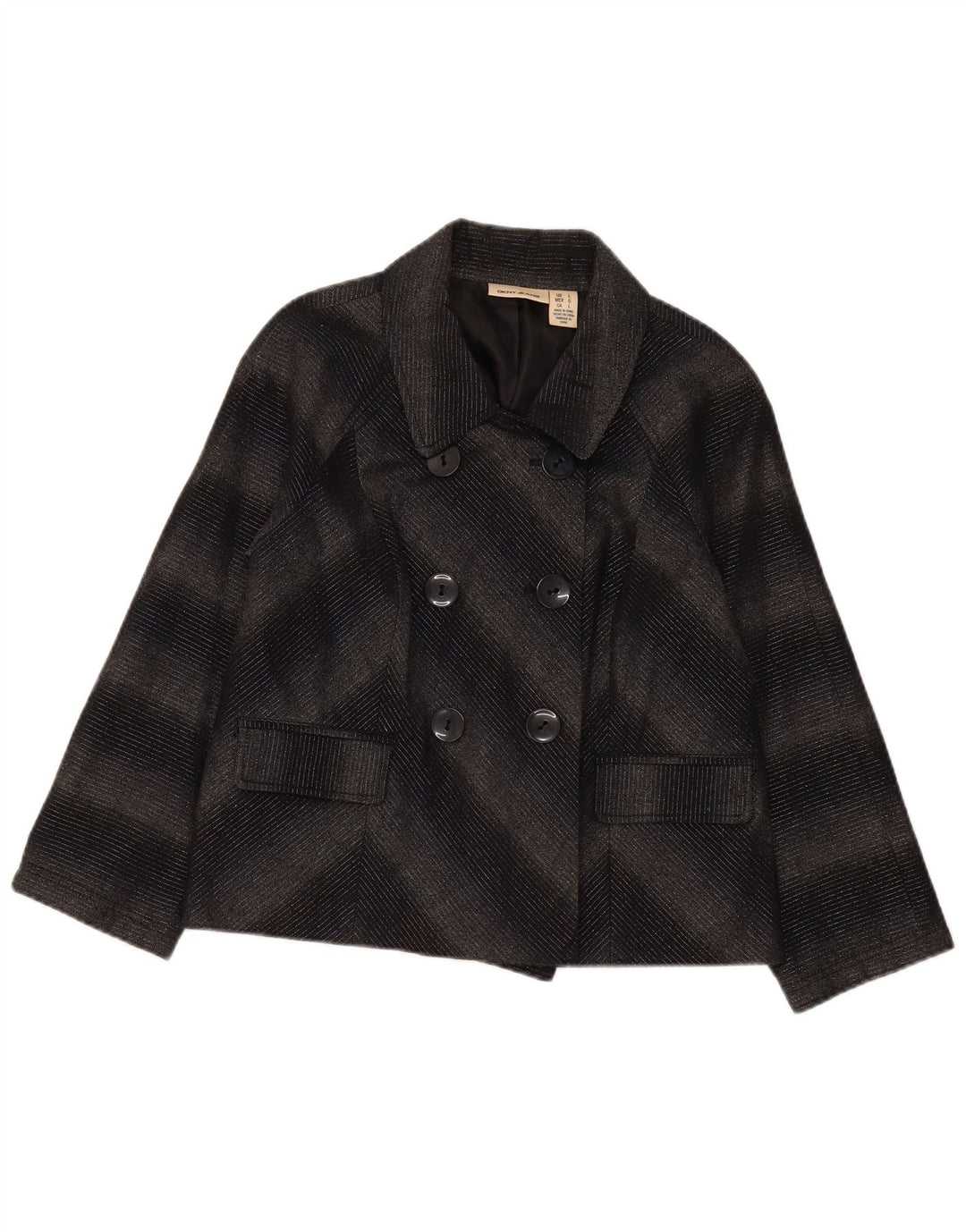 Dkny Dame Double Breasted Blazer Jacket UK 16 Large Grey Chevron Acrylic