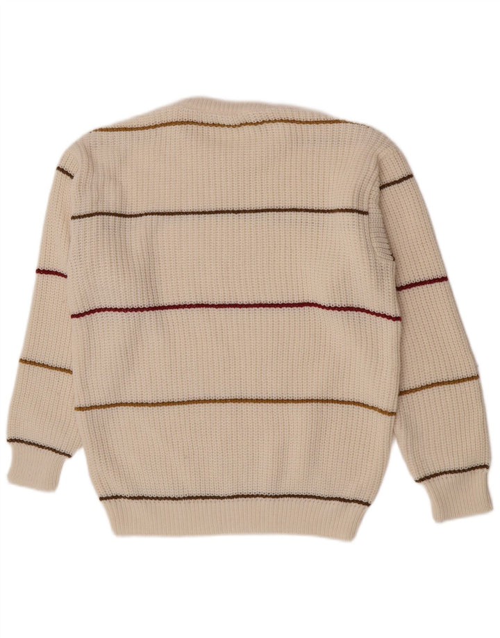 Vintage herre rund hals sweater medium off hvid stribet akryl