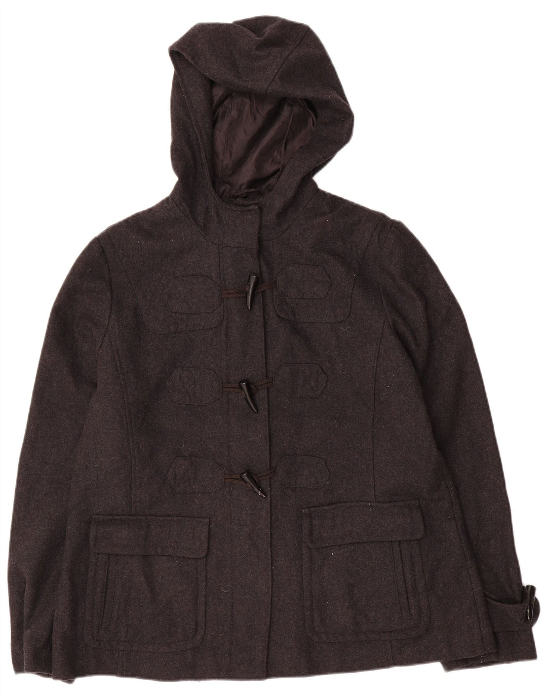 VINTAGE Duffle-jakke med hætte til kvinder UK 16 Stor grå uld
