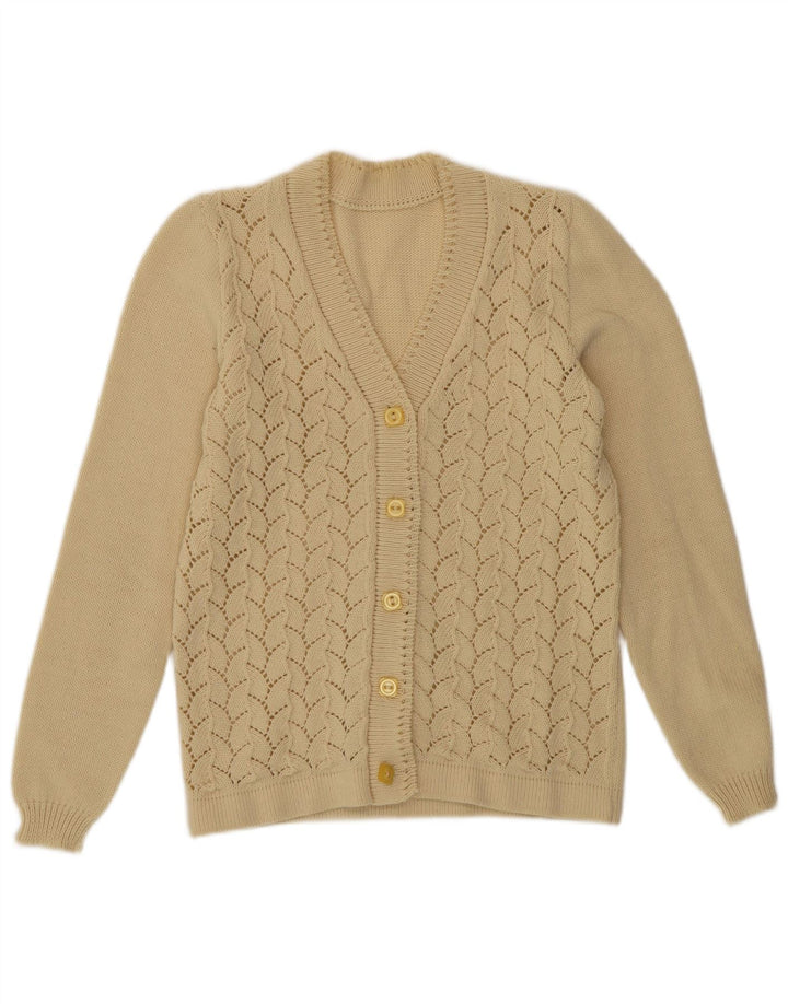 Vintage Dame Cardigan Sweater UK 10 Small Beige Geometric