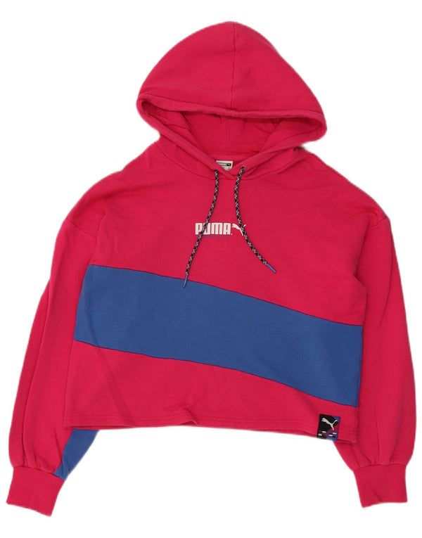 Puma Womens Oversized Crop Hoodie Jumper UK 6 XS Pink Colourblock Cotton
