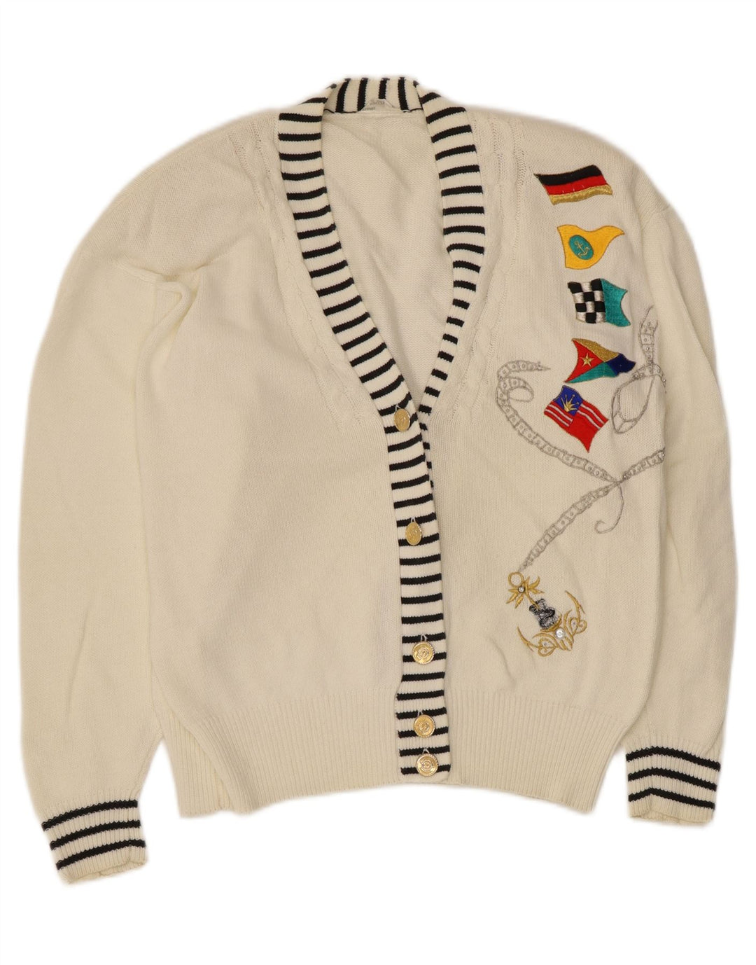 Vintage grafisk cardigan sweater til kvinder EU 40/42 Medium hvid bomuld