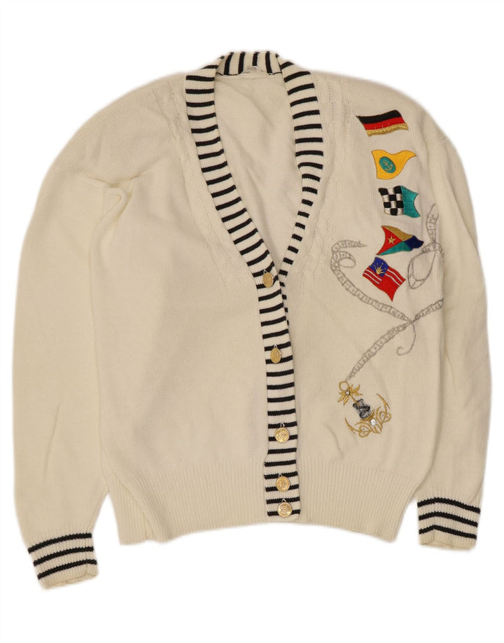Vintage grafisk cardigan sweater til kvinder EU 40/42 Medium hvid bomuld