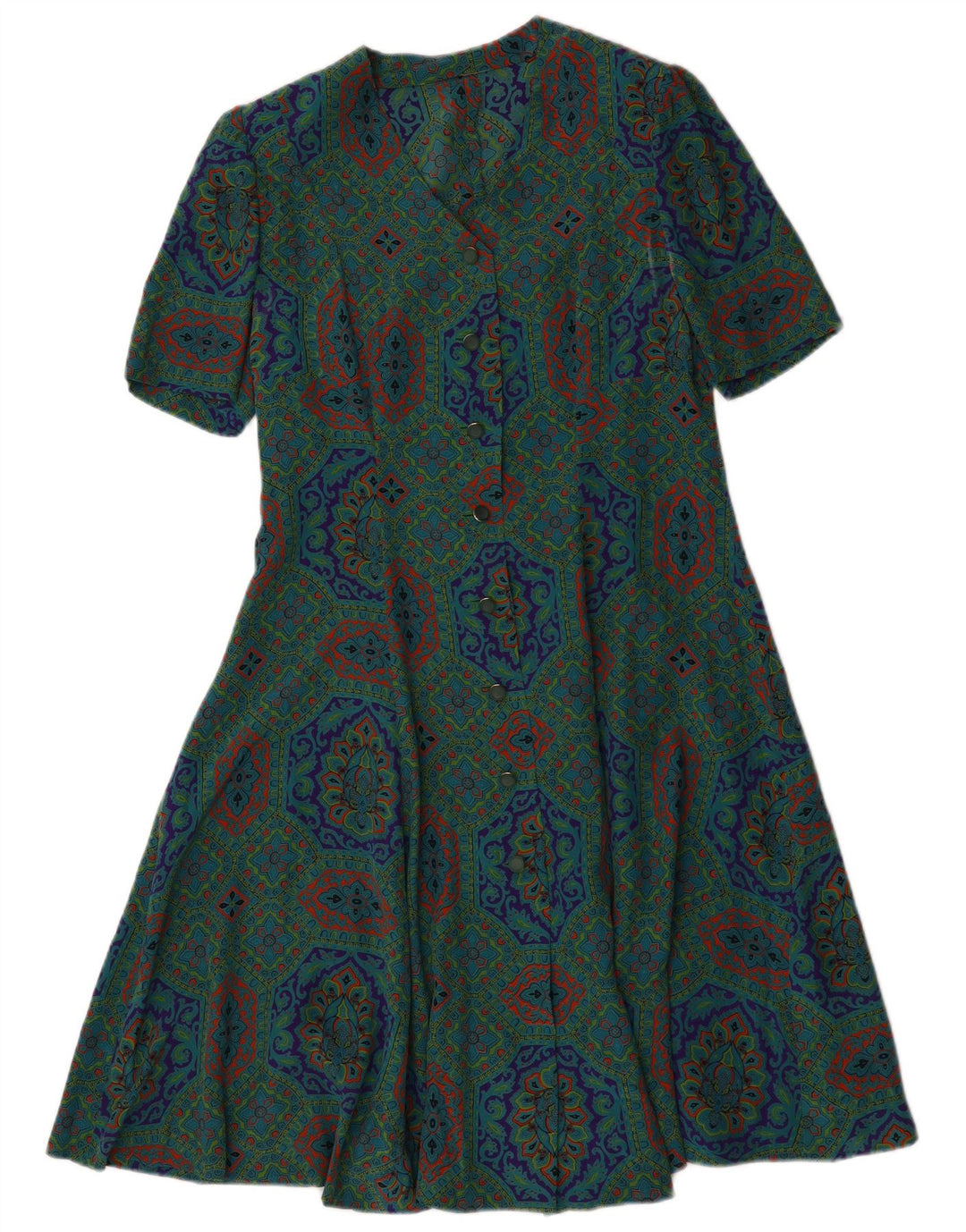 Vintage Dame A-Line Kjole UK 14 Medium Grøn Geometrisk