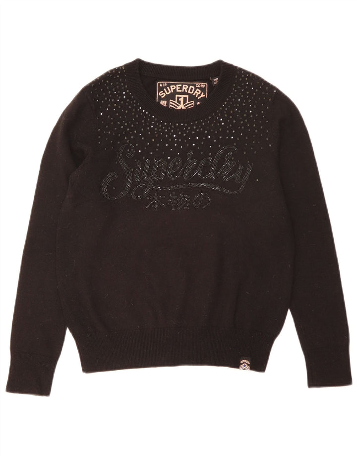 Superdry Womens Grafisk Boat Neck Jumper Sweater UK 12 Medium Black Wool