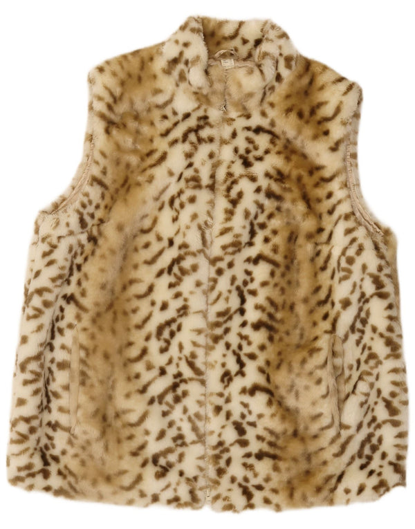 Vintage Womens Faux Fur Gilet UK 22 3XL Beige Animal Print Polyacrylic
