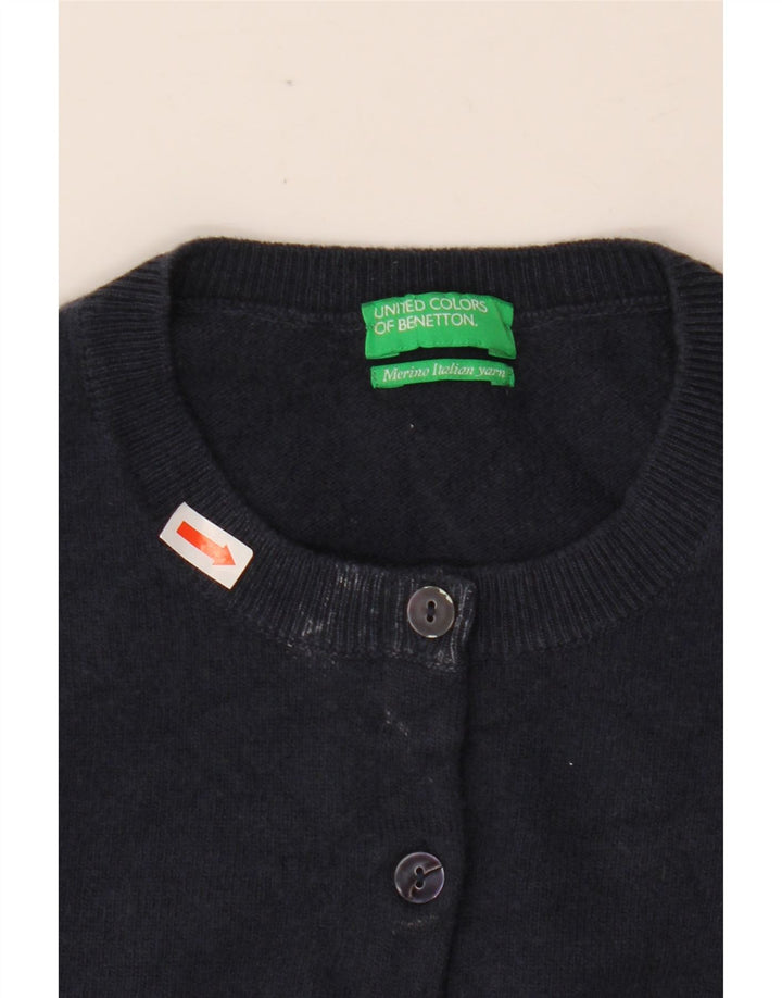 BENETTON Dame Crop Cardigan Sweater UK 6 XS Marineblå Merinould