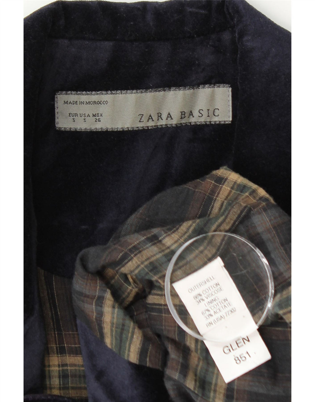 Zara Dame 1 Knap Velvet Blazer Jacket UK 8 Small Navy Blue Bomuld