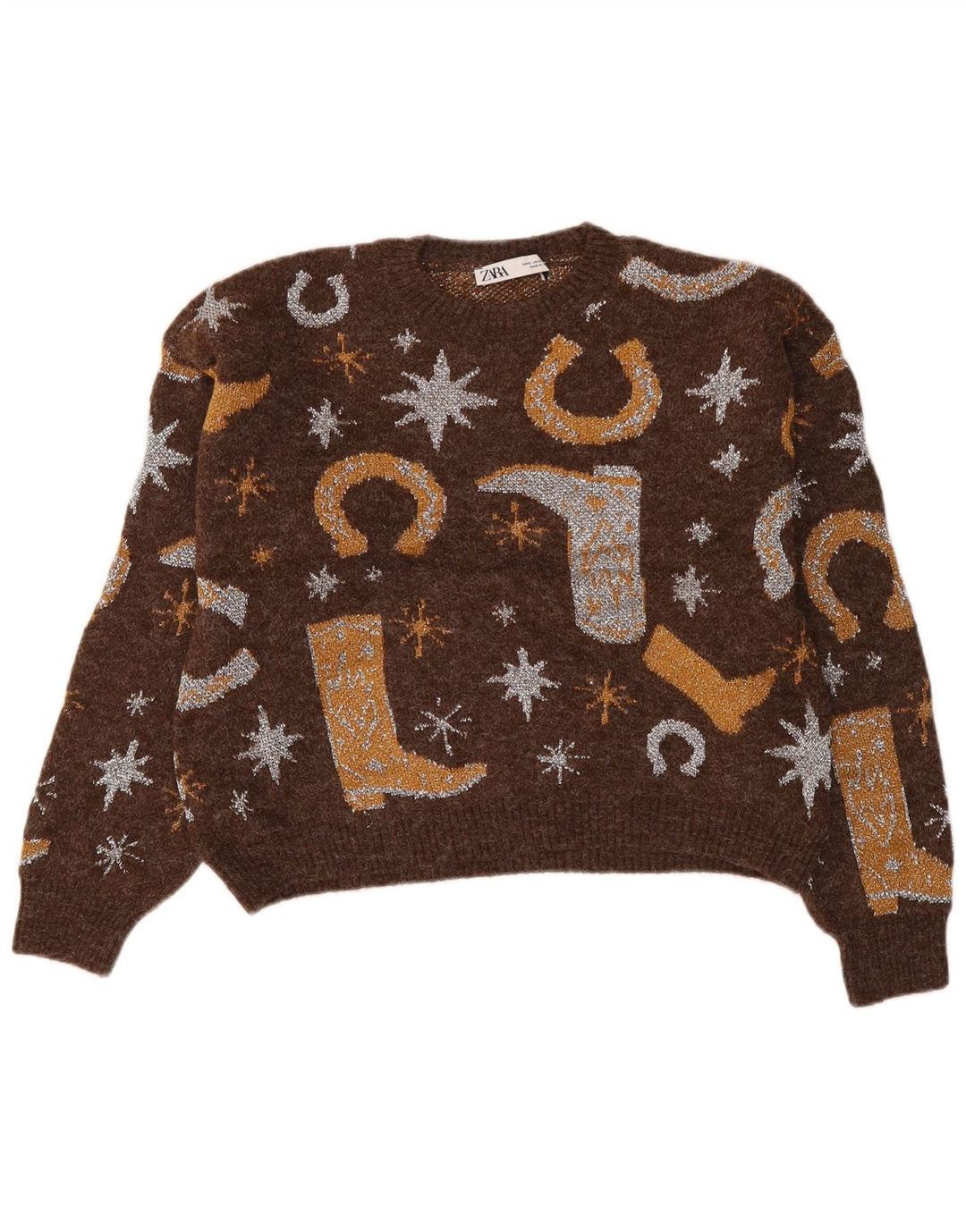 Zara kvinders abstrakt mønster bådhals sweater UK 10 lille brun