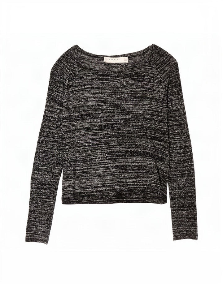 Zara Dame Top Langærmet UK 12 Medium Sort Stribet Akryl