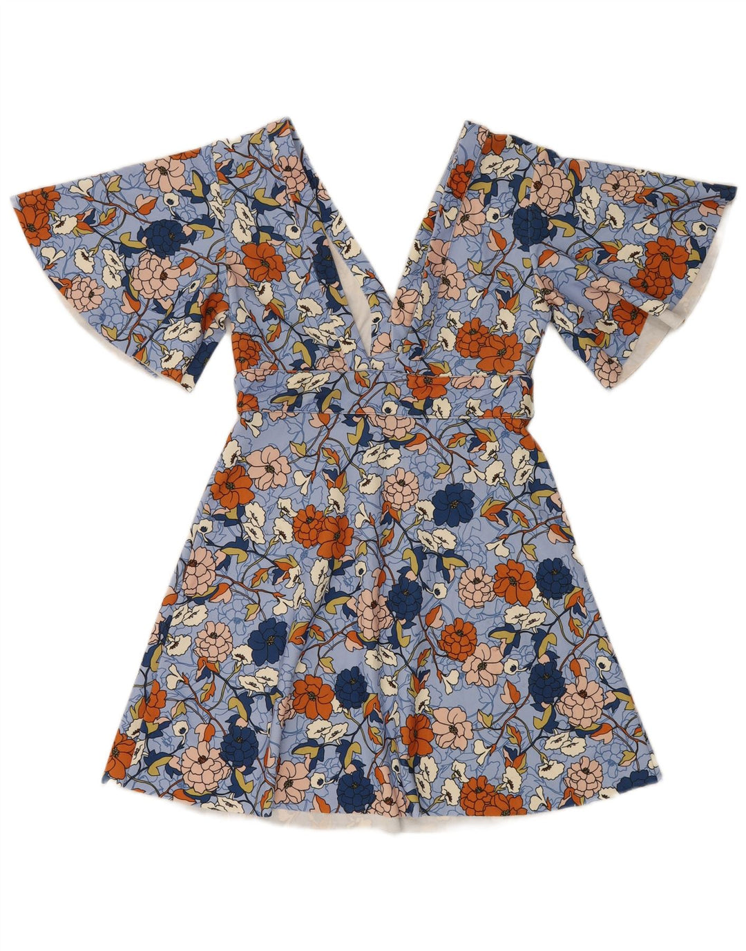 Zara Dame Batwing A-Line Kjole UK 12 Medium Blue Floral