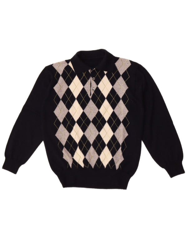Vintage Herre Polo Neck Jumper Sweater Medium Navy Blue Argyle/Diamond