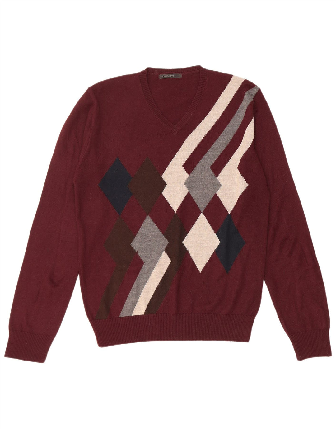 Sonny Bono Herre V-hals sweater Medium Burgundy Argyle/Diamond Wool