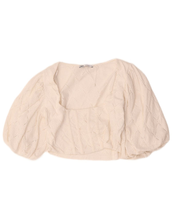Zara Dame 3/4 ærmet Crop Bluse Top UK 14 Stor hvid bomuld