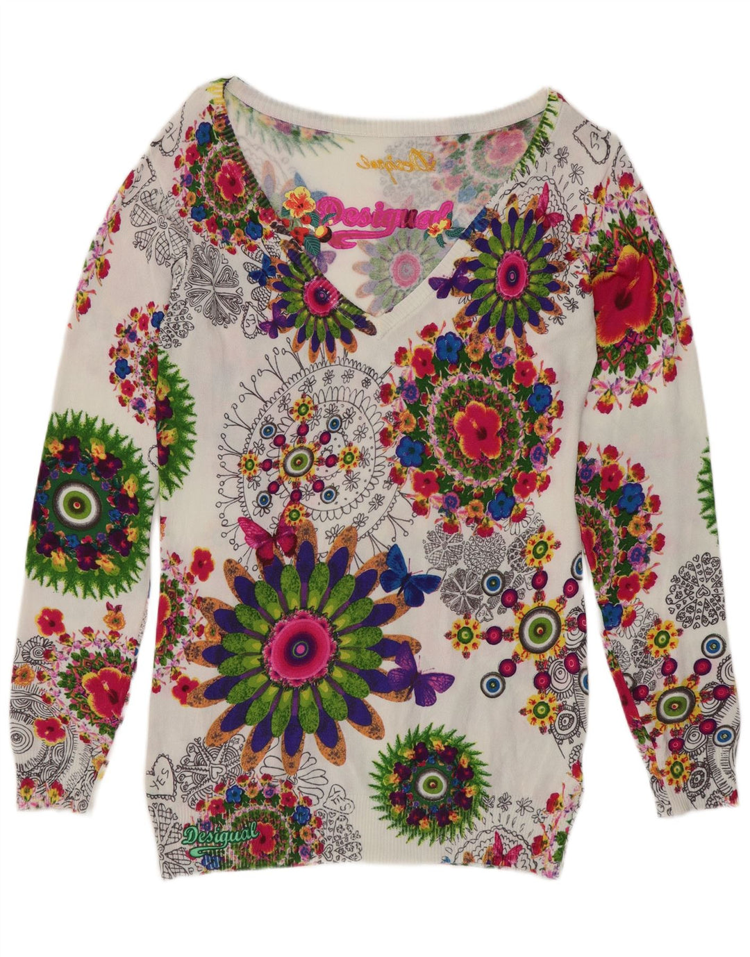 Desigual Dame V-hals Jumper Sweater UK 12 Medium Multicolored Floral