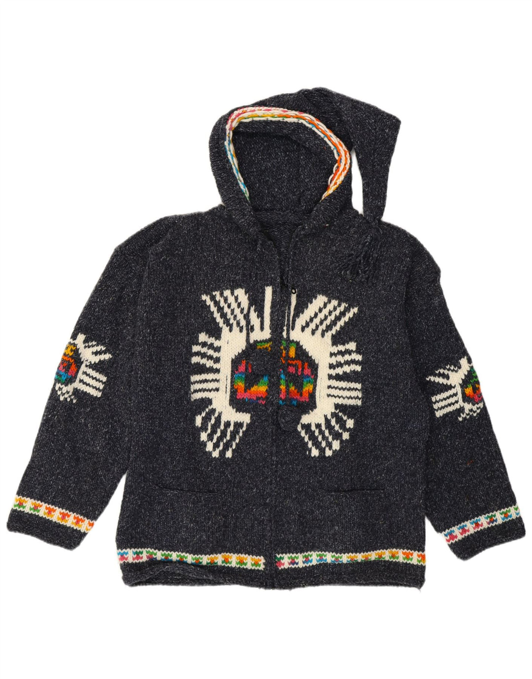 Vintage Kvinders Grafisk Cardigan Sweater UK 14 Medium Navy Blue Etnisk