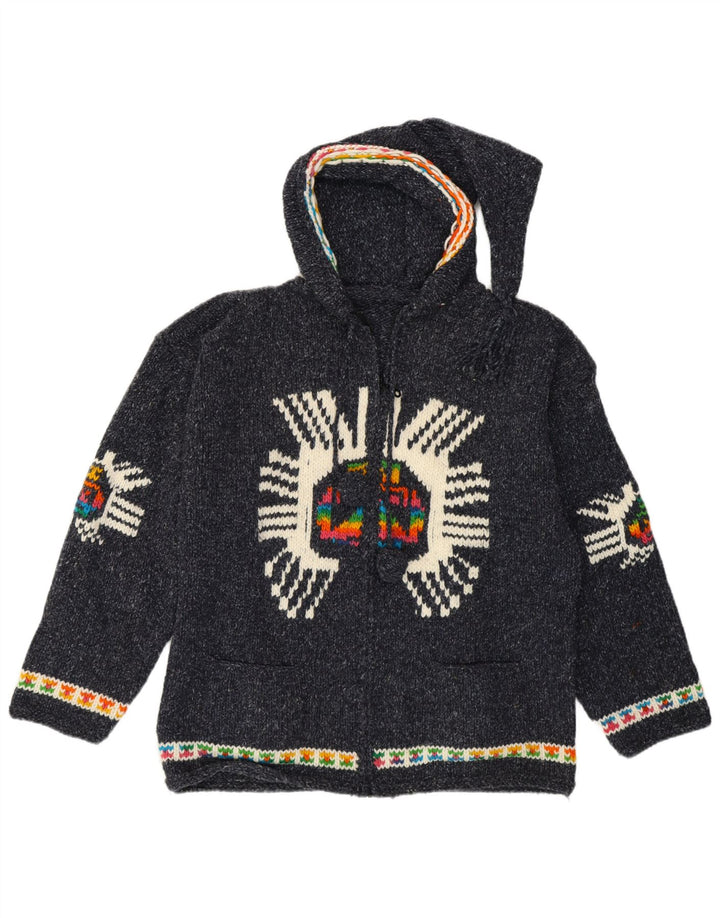 Vintage Kvinders Grafisk Cardigan Sweater UK 14 Medium Navy Blue Etnisk