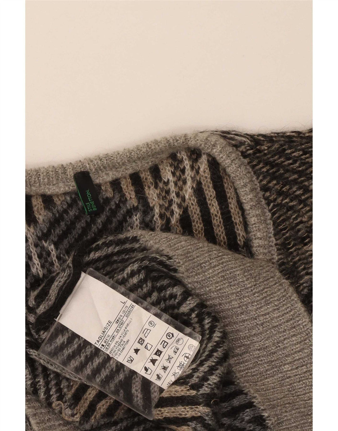 Benetton herre v-hals sweater stor brun geometrisk akryl