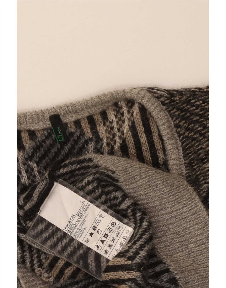 Benetton herre v-hals sweater stor brun geometrisk akryl