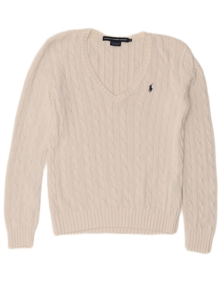 Ralph Lauren Dame V-hals sweater UK 12 Medium Hvid Bomuld