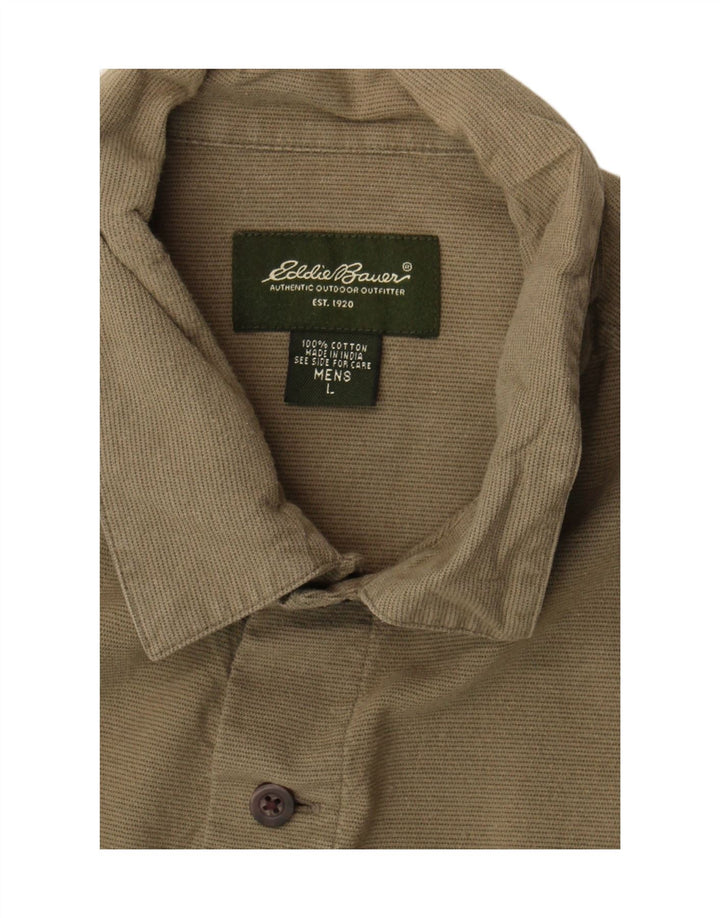 EDDIE BAUER Kortærmet Herreskjorte Stor Khaki Nålestribet Bomuld
