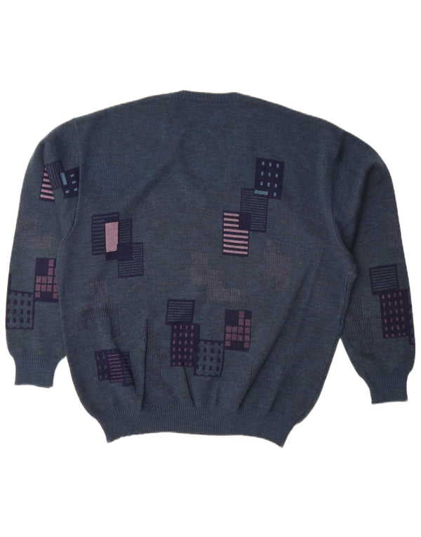 Vintage Herre V-hals sweater IT 52 Stor Marineblå Geometrisk