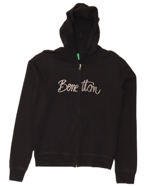 Benetton Dame Grafisk Hættetrøje Sweater UK 14 Medium Sort Bomuld