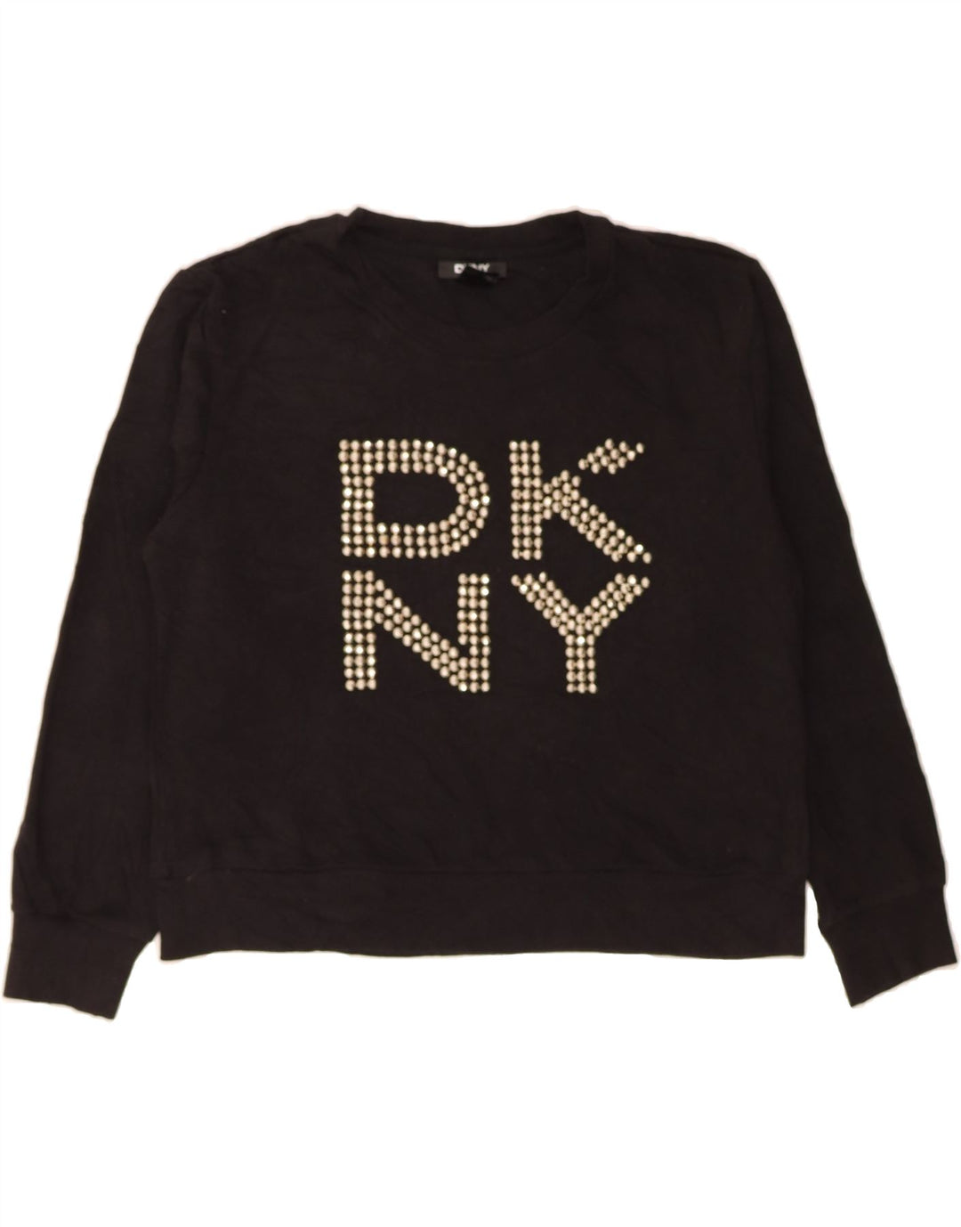 DKNY Womens Oversized Crop Graphic Sweatshirt Jumper UK 14 Medium Black Vintage Dkny and Second-Hand Dkny from Messina Hembry 