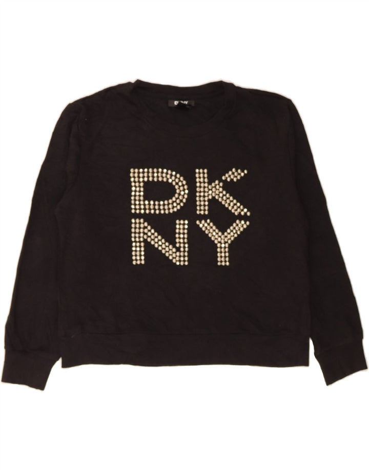 DKNY Womens Oversized Crop Graphic Sweatshirt Jumper UK 14 Medium Black Vintage Dkny and Second-Hand Dkny from Messina Hembry 