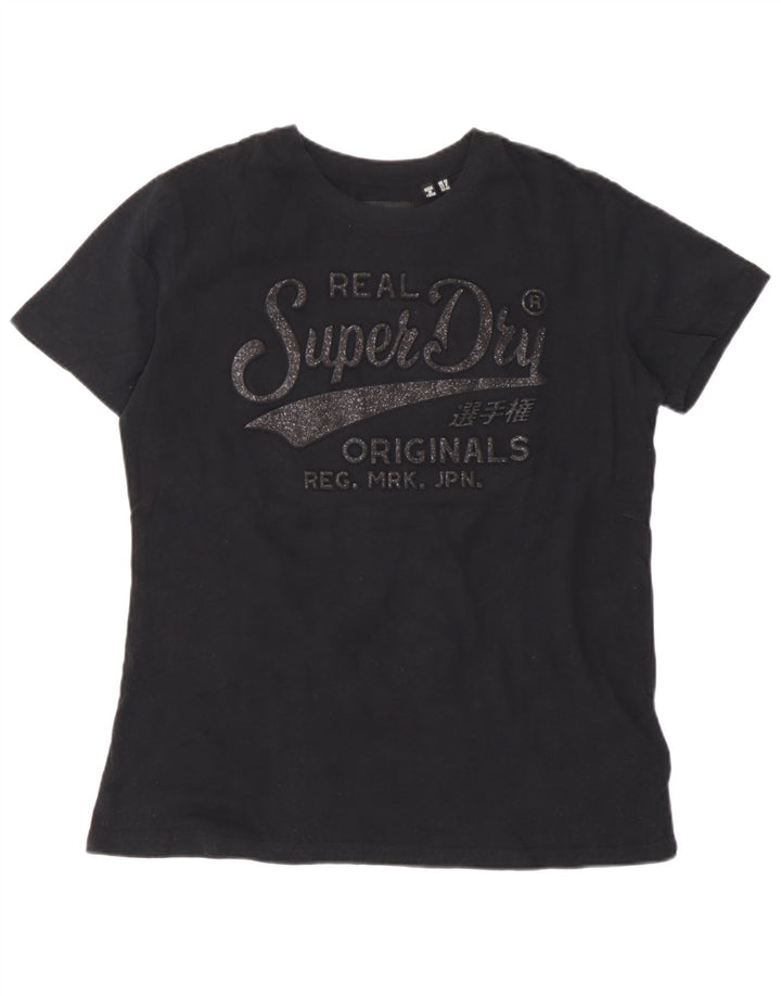 Superdry Grafisk T-shirt top til kvinder UK 12 Medium Sort Bomuld
