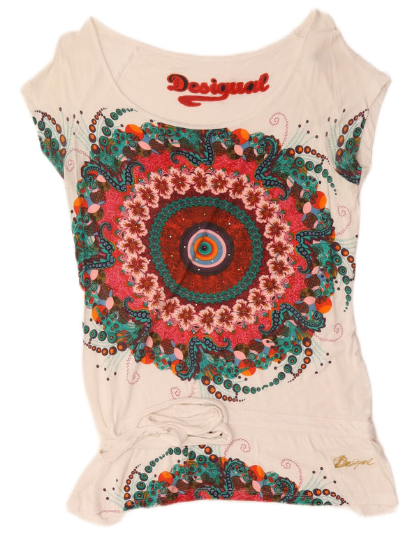Desigual Dame Grafisk T-Shirt Top UK 14 Large White Floral