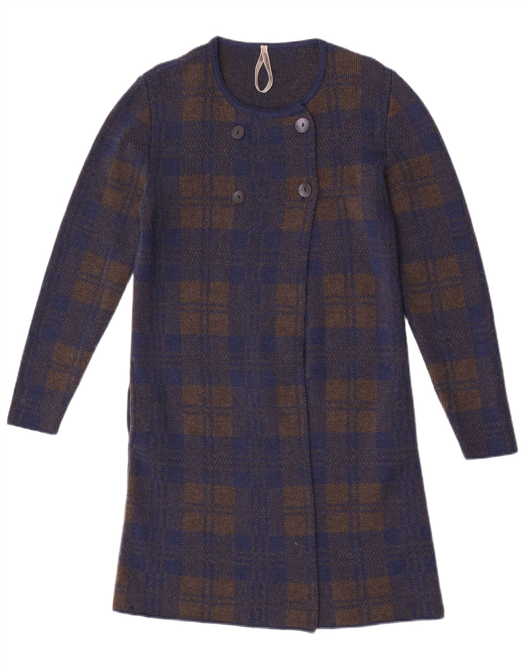 Vintage Dame Longline Cardigan Sweater UK 14 Medium Navy Blue Check